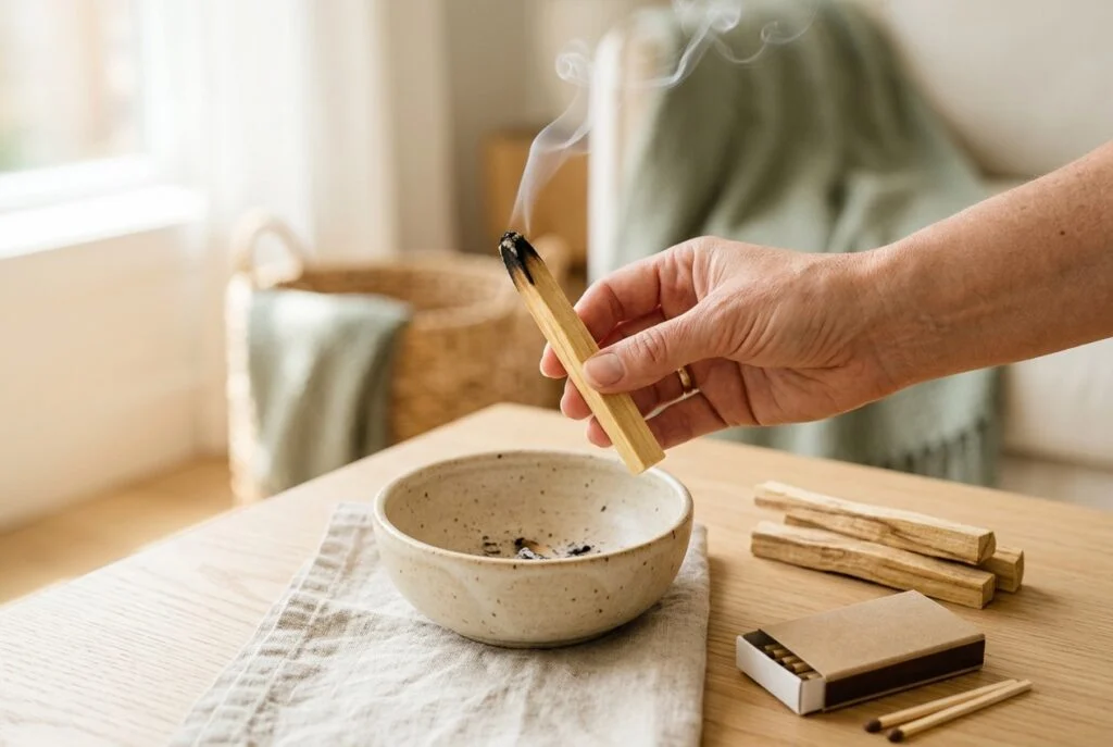 Palo Santo Nasıl Yakılır? 7 Adımda Doğru Ritüel Ucu yanmış Palo Santo çubuğunu seramik kasenin üzerinde tutan el, yanında Palo Santo çubukları ve kibrit