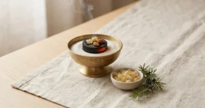 Akgünlük Nedir? Adı, Kokusu ve Yakılışı Kum dolu pirinç kâsede tütsü kömürü üzerinde açık sarı reçine taneleri, yanında ardıç dalı