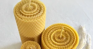 Evde Balmumu Mum Nasıl Yapılır? Elle Sarma Petek desenli, sarmal sarılmış balmumu mumlar ve kuru başaklar