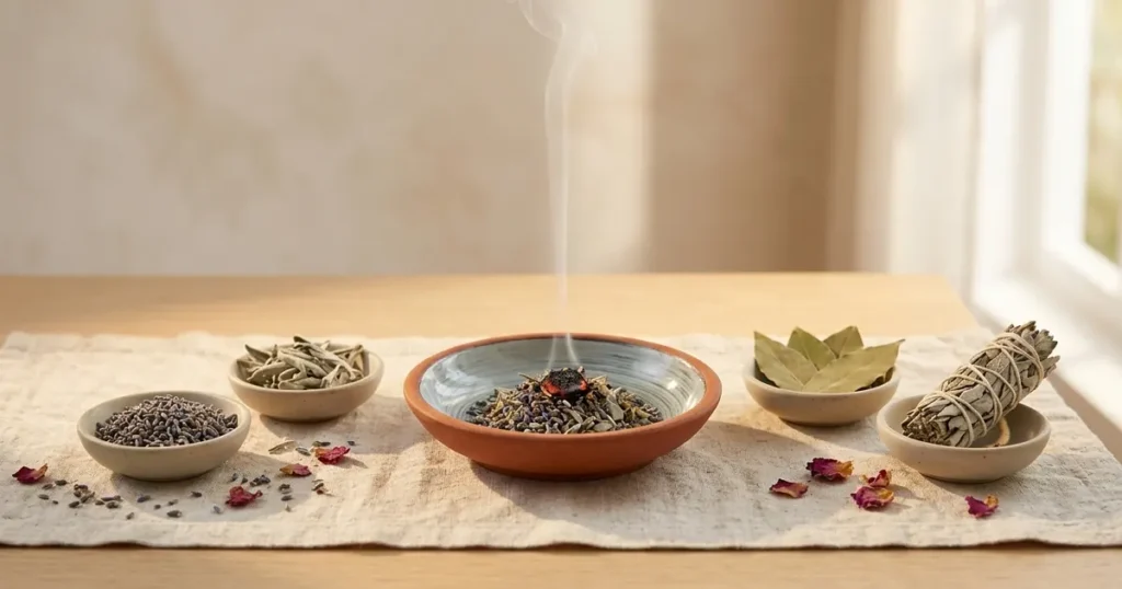 Seramik tütsülükte tüten kuru lavanta ve adaçayı; yanında kâselerde lavanta, adaçayı yaprağı, defne yaprağı ve adaçayı demeti