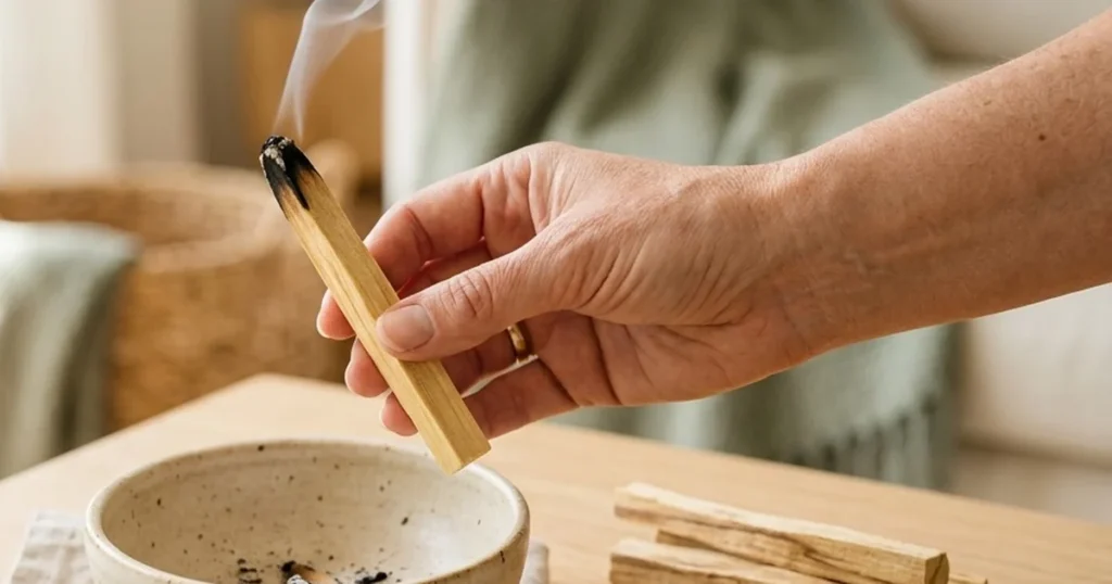 Palo Santo Neden Söner? Yeniden Yakma Yolları Dumanı tüten bir Palo Santo çubuğunu tutan el, altında seramik kase