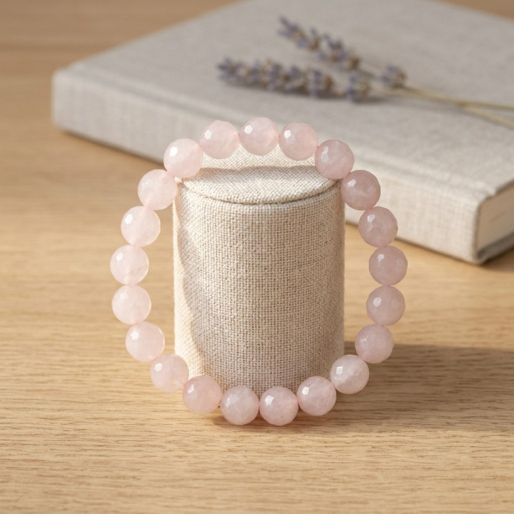 Pembe Kuvars Bileklik, Fasetli, 8 mm