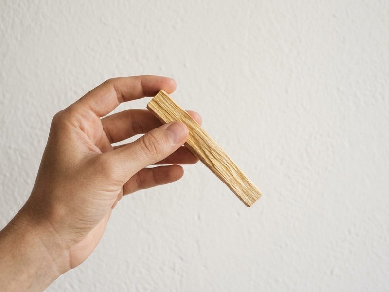 Palo Santo çubuğu ucu hafifçe aşağı bakacak şekilde elde tutuluyor